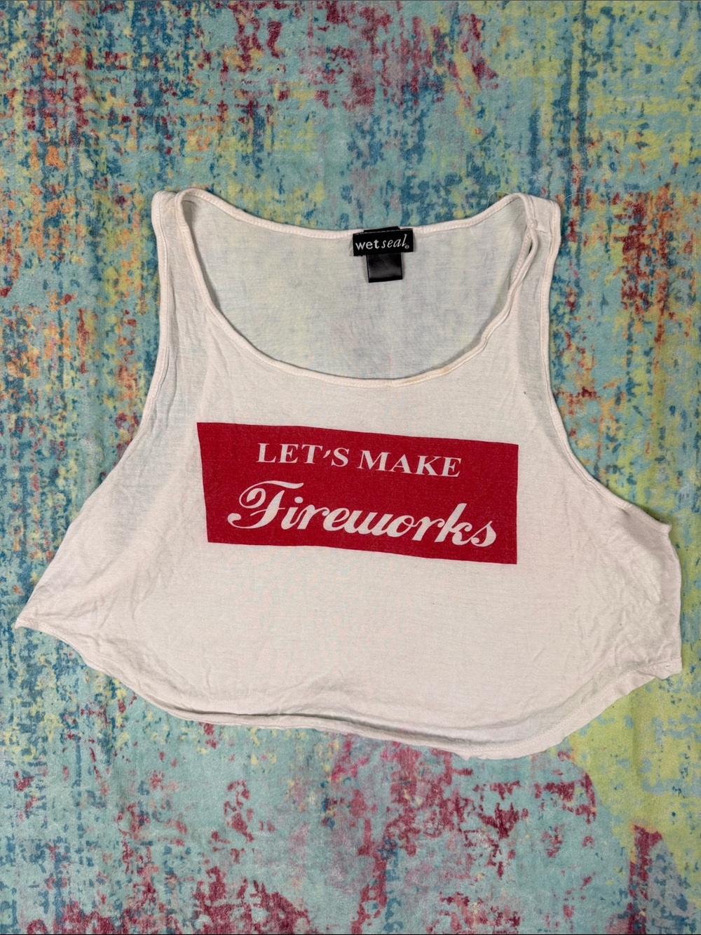🇺🇸 THIS MAY GET TIE DYED! Wet Seal White Crop Tank with Red 'Let's Ma